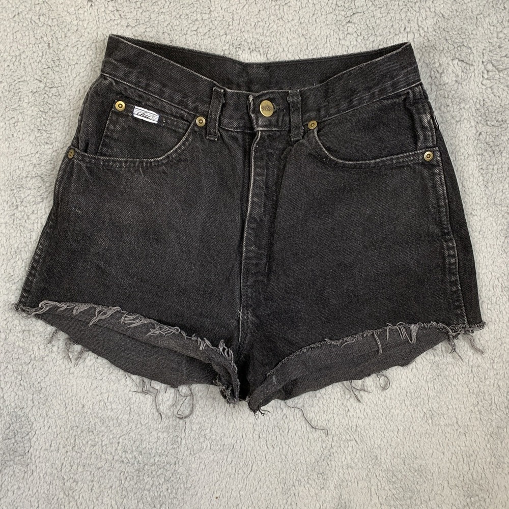 Chic Jean Shorts Womens 9 High Waisted Mom Black Denim‎ Cut Offs Vintage